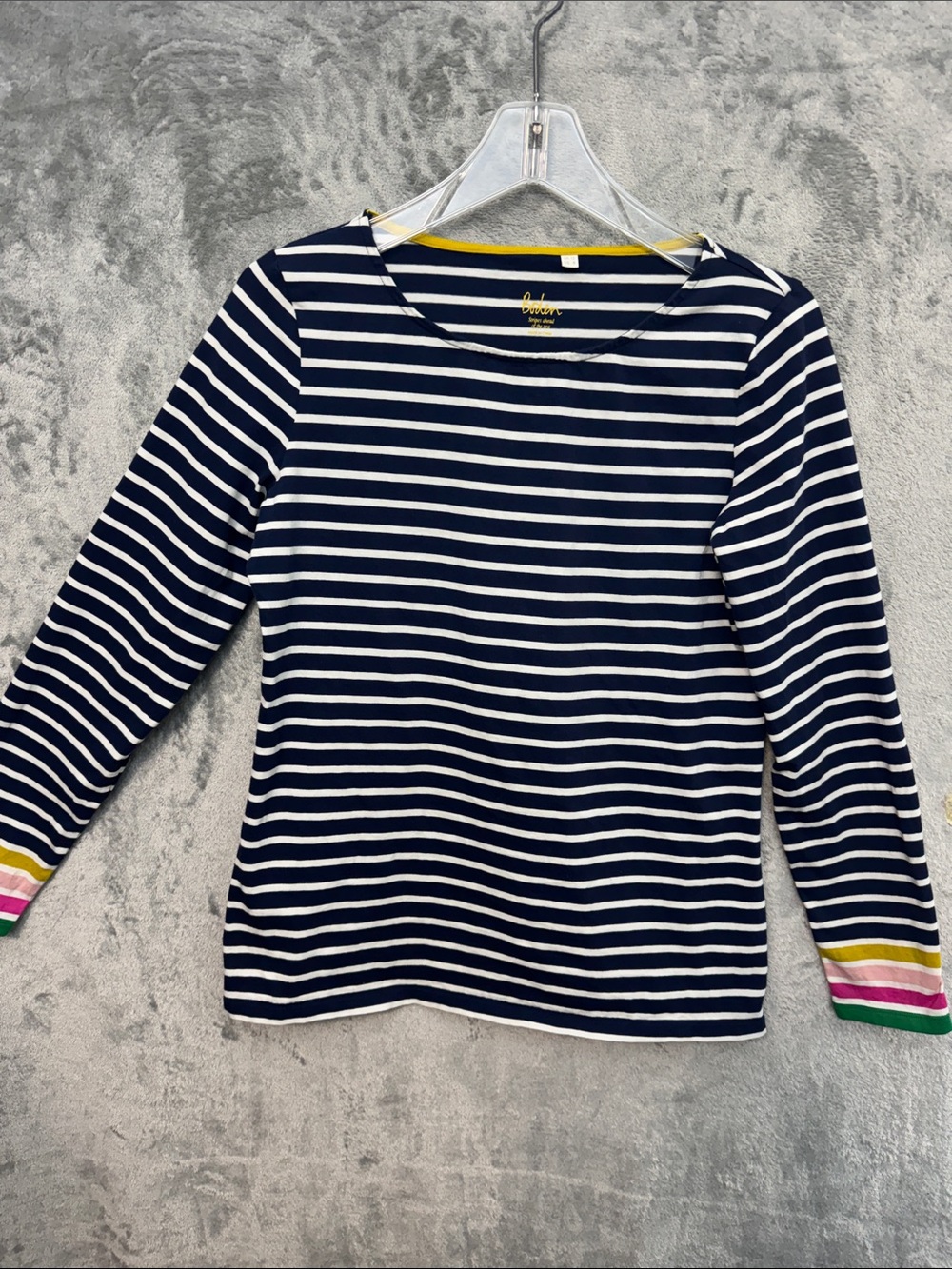 Boden 8 Navy and White Striped Long-Sleeve Tee with Colorful Cuff Accents